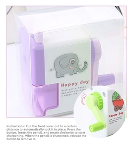Detail view of cartoon purple pencil sharpener with hand crank and cute elephant prints