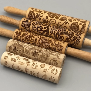 5-piece Christmas laser engraved wooden rolling pin set with floral and snowflake patterns