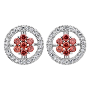 Sparkling floral zircon stud earrings in silver and red finish with round flower design