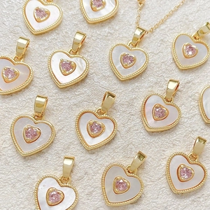 Heart Charm Pendant 18K Gold Plated Copper Pink Zircon White Mother Of Artificial Pearl DIY Jewelry Making Romantic Elegant Women