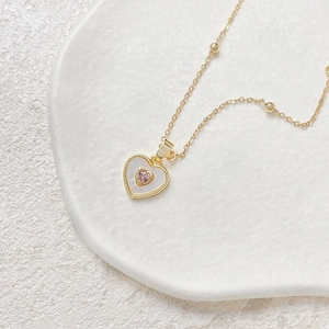 18k gold plated heart pendant with pink gemstone inlay and white mother of pearl inlay