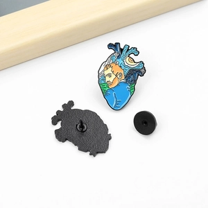 Artistic Van Gogh Starry Night heart enamel pin badge with secure black rubber butterfly clutch
