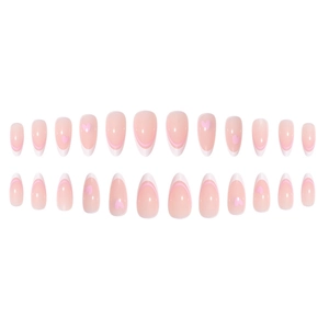 Pink heart almond press-on nails with French tip design in a 24-piece professional set