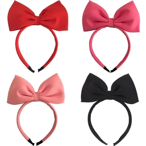 Set of four plush bow headbands in red, pink, and black colors on a white background