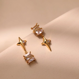 Elegant 18K gold plated star stud earrings with rectangle zircon and twisted wire detail