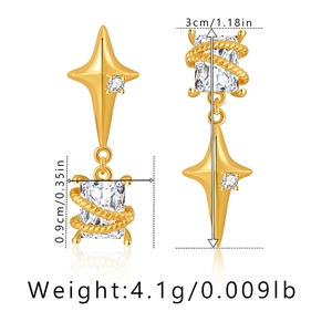 Detailed view of asymmetric star and square zircon earrings with size and weight metrics