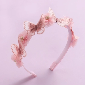Elegant pink floral headband with mesh butterflies and pearl accents for women