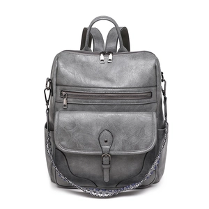 Front view of a grey vintage PU leather backpack with multi-pocket and chain detail