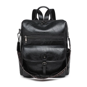Versatile black PU leather backpack for women with stylish woven straps and silver zippers