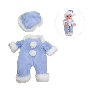 Two-piece blue knitted baby doll outfit with plush trim and matching hat for 30cm dolls