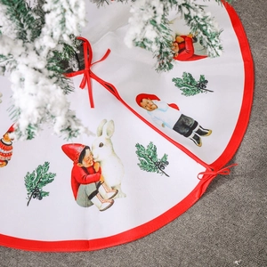 Classic white Christmas tree skirt with cute boy and rabbit illustration and red border