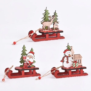 Three DIY wooden Christmas sleigh ornaments featuring Santa, reindeer, and snowman designs