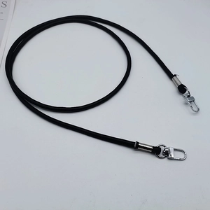 Close-up of black round PU leather strap with silver metal swivel lobster clasps