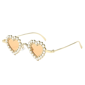 Lunettes de soleil cœur en métal doré de luxe avec strass en cristal et verres orangés