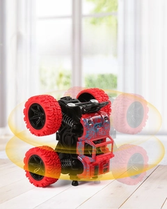 Red friction powered off-road stunt car toy showing 360-degree rotation feature