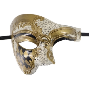 Detailed side view of Venetian phantom mask with gold relief and crackle glaze finish