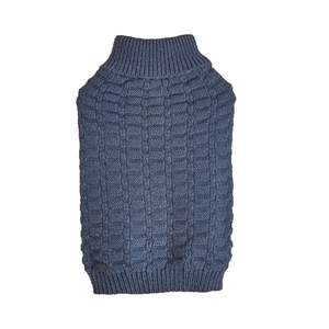 Classic blue knit pet sweater with high collar and textured plaid pattern for dogs and cats