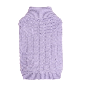 Classic lavender knit pet sweater featuring high-neck collar and textured plaid pattern