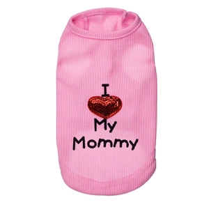 Detail of pink ribbed pet vest featuring shiny red sequin heart and Mommy embroidery