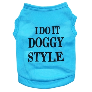 Detail of blue breathable cotton pet vest with bold black text print for small dogs