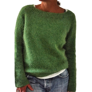 Women's loose-fit round neck knitted sweater in grass green with soft mohair texture