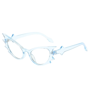 Light blue bat-shaped cat eye sunglasses with punk jagged frame for party and stage wear