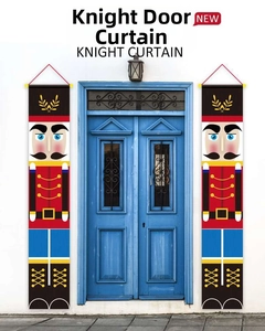 Festive Nutcracker knight door curtains hanging on a blue vintage wooden entrance