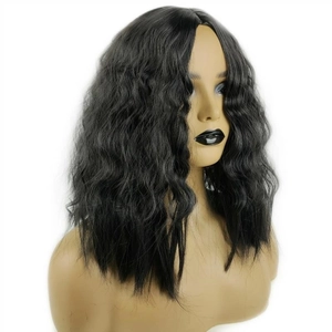 Detailed view of black water wave synthetic wig with middle part on a mannequin