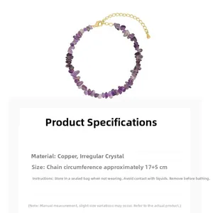 Detailed view of the purple irregular crystal bracelet with adjustable copper clasp
