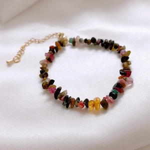 Irregular multicolor natural stone bead bracelet with gold adjustable chain for women