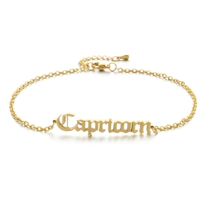 Detailed shot of 18K gold plated Capricorn zodiac pendant on a stainless steel chain