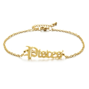 Detailed view of the gold Pisces zodiac charm on a high-polished stainless steel anklet chain