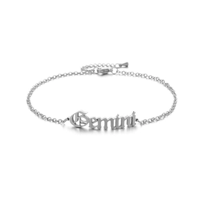 Detailed view of silver stainless steel Gemini anklet with adjustable lobster clasp