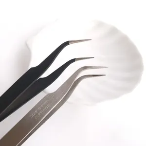 Detail view of precision anti-magnetic stainless steel tweezers for jewelry making