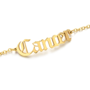 Macro shot of 18K gold plated Cancer zodiac pendant on stainless steel chain link