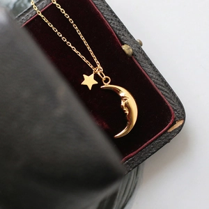 Vintage crescent moon and star pendant necklace in 18K gold plated titanium steel