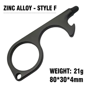 Black zinc alloy non-contact EDC door opener with stylus and bottle opener tool