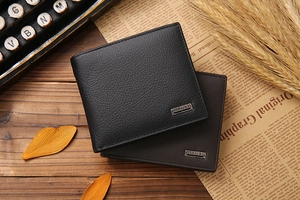 Detailed view of genuine leather men's wallets with lychee texture and metal logo plate