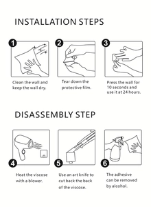 Six-step guide for stainless steel hook installation with 24h curing time and removal