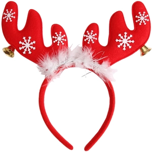 Red Christmas reindeer antler headband with white snowflakes, bells, and feather trim