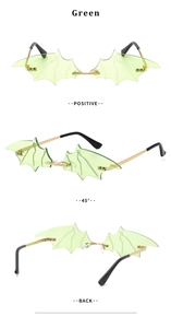 Three-view display of green bat-shaped party sunglasses with gold metal frames