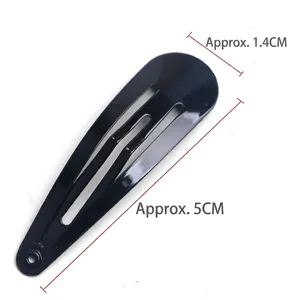 Detail view of 5cm black metal snap clip with dimensions 5cm length and 1.4cm width