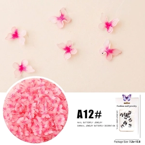Macro view of gradient pink 3D butterfly nail charms in retail packaging box