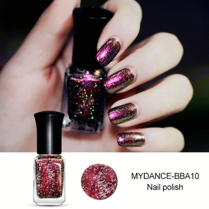 Macro detail of MYDANCE purple chameleon nail polish with glitter and bottle shot