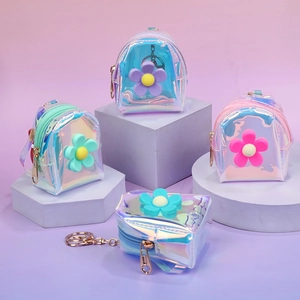 Mini Backpack Coin Purse Holographic Transparent PVC Flower Decor Keychain Pendant Wallet Storage Waterproof Gift Girls
