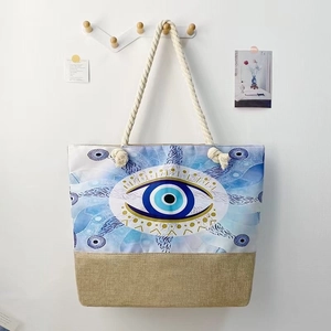 Evil Eye Canvas Jute Tote Bag Large Capacity Beach Shoulder Bag With Rope Handle Zipper Closure Greece Vacation Style Women