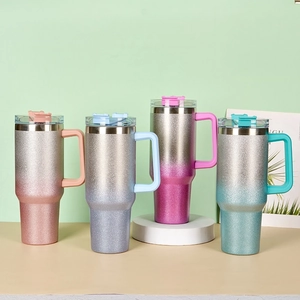 Set of 40oz gradient glitter stainless steel tumblers with handle and straw lid