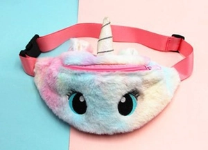 Detailed view of plush unicorn waist bag with rainbow fur, spiral horn, and adjustable strap
