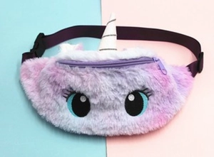 Close-up of plush unicorn waist bag with purple gradient fur and silver horn detail