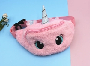 Detail of pink plush unicorn waist bag showing soft texture and glittery silver horn